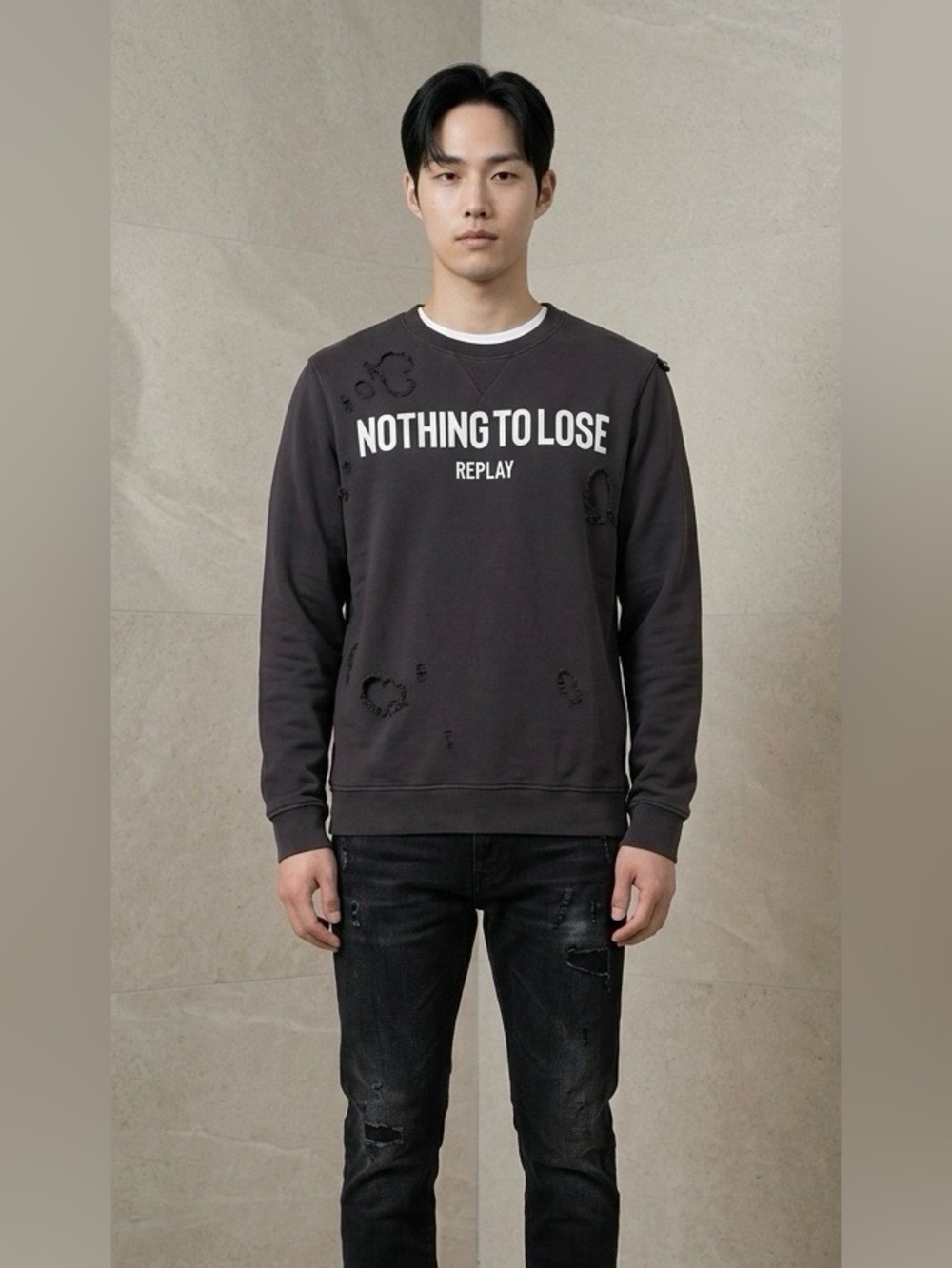 Replay Distressed Ribbed Patchwork Crewneck Sweatshirt Men’s Size M Black Gray